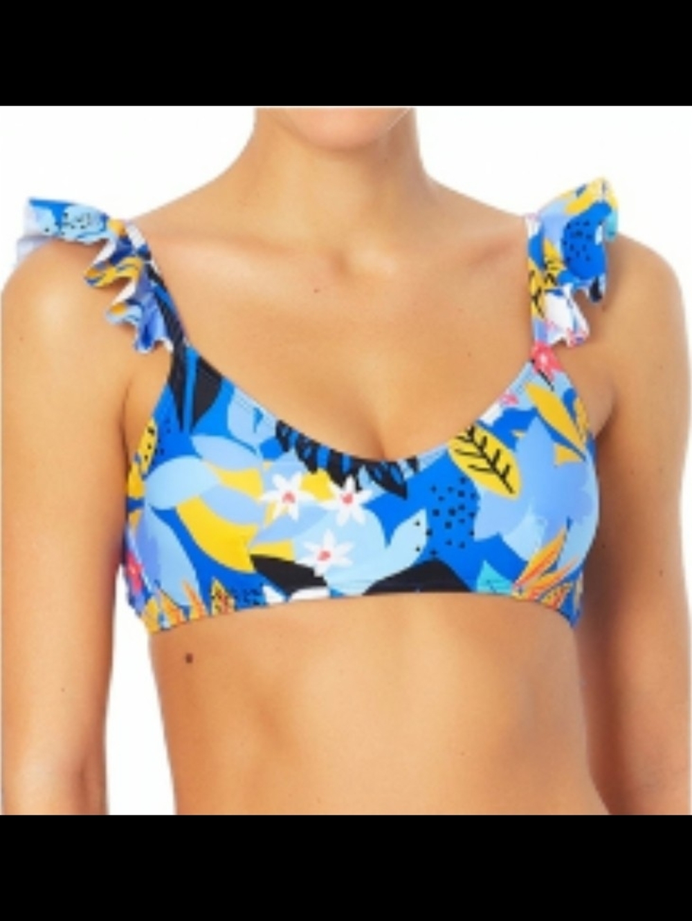 No Boundaries NEW Ruffle Strap Bikini Top Tropical Floral Blue Juniors M (7-9)